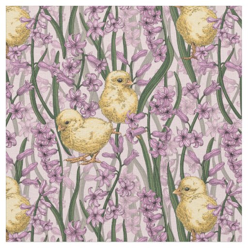 Chickens and hyacinths on pink fabric