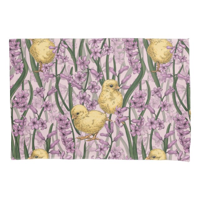 Chickens and hyacinths on pink pillow case (Front-Left)