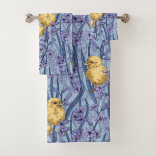 Chickens and hyacinths on sky blue bath towel set