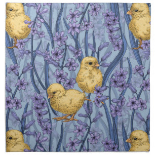 Chickens and hyacinths on sky blue cloth napkin