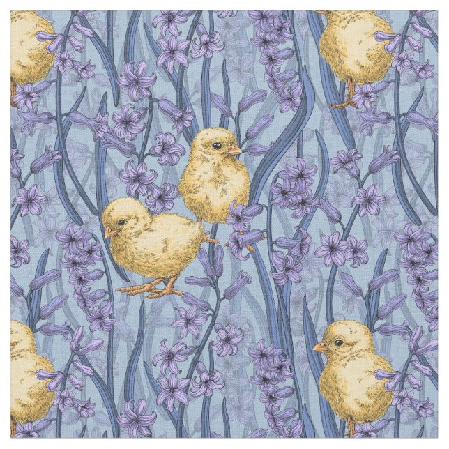 Chickens and hyacinths on sky blue fabric (Close Up)