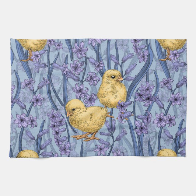 Chickens and hyacinths on sky blue kitchen towel (Horizontal)