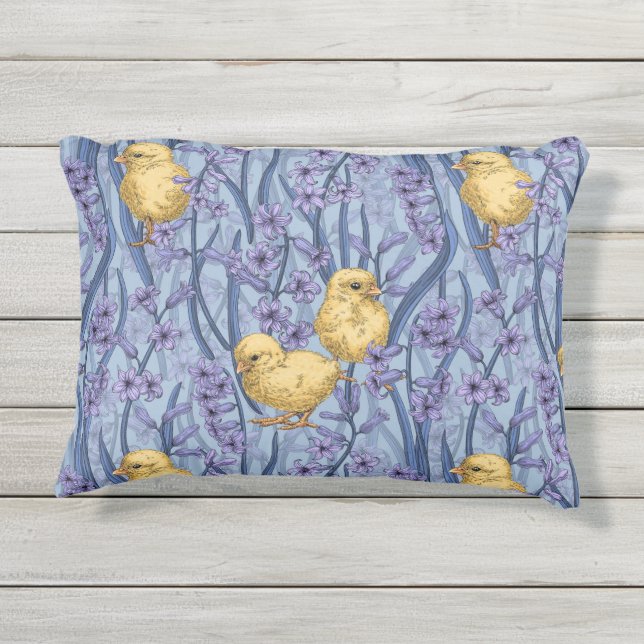 Chickens and hyacinths on sky blue outdoor pillow (Back)
