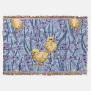 Chickens and hyacinths on sky blue throw blanket