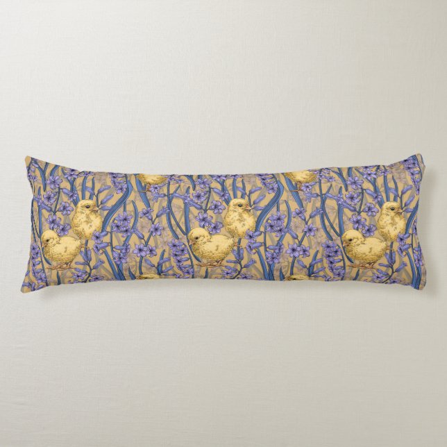 Chickens and hyacinths on yellow body pillow (Front)