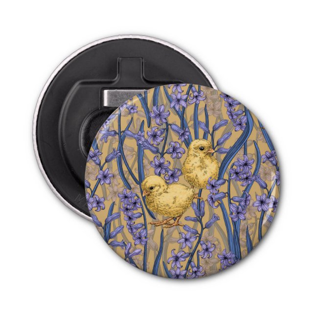 Chickens and hyacinths on yellow bottle opener (Front)