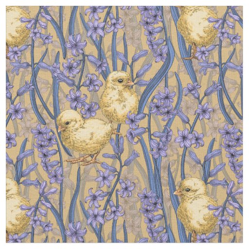 Chickens and hyacinths on yellow fabric