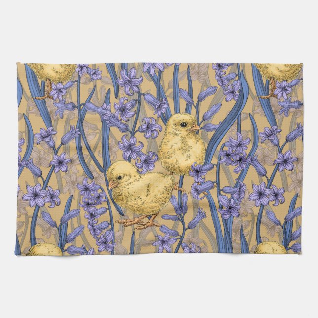 Chickens and hyacinths on yellow kitchen towel (Horizontal)