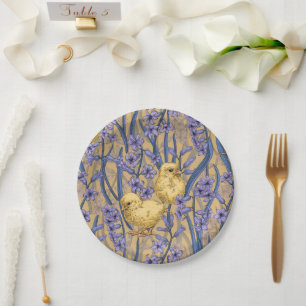Chickens and hyacinths on yellow paper plates