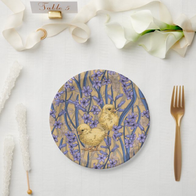 Chickens and hyacinths on yellow paper plates (Wedding)