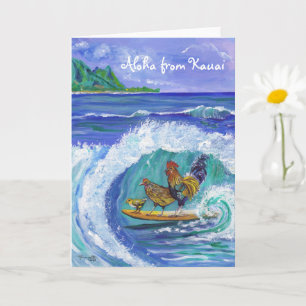 Chickens and Rooster Surfing Kauai Beach Card