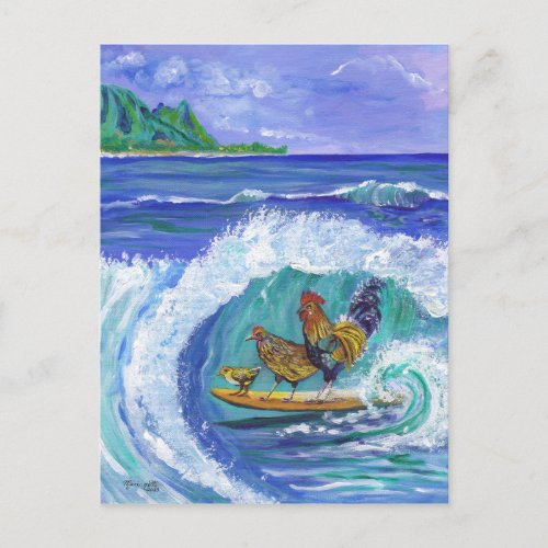 Chickens and Rooster Surfing Kauai Beach Card