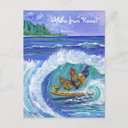 Chickens and Rooster Surfing Kauai Beach Postcard