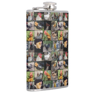 Chickens And Roosters Photo Collage, Hip Flask
