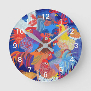 Chickens and Roosters - White Numbers Round Clock