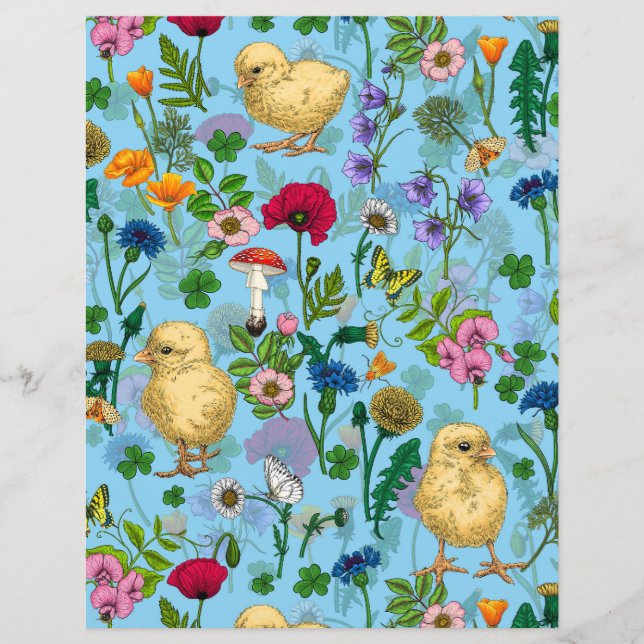 Chickens and wildflowers on baby blue (Front)