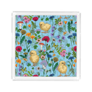 Chickens and wildflowers on baby blue acrylic tray