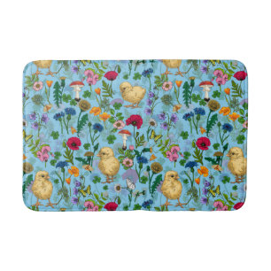 Chickens and wildflowers on baby blue bath mat