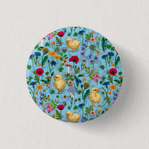 Chickens and wildflowers on baby blue button