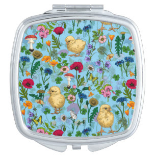 Chickens and wildflowers on baby blue compact mirror