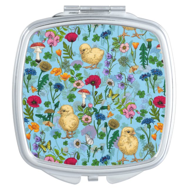 Chickens and wildflowers on baby blue compact mirror (Front)