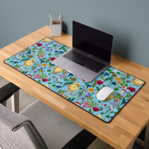 Chickens and wildflowers on baby blue desk mat
