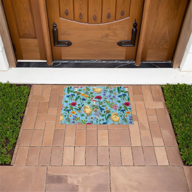 Chickens and wildflowers on baby blue doormat (Outdoor)