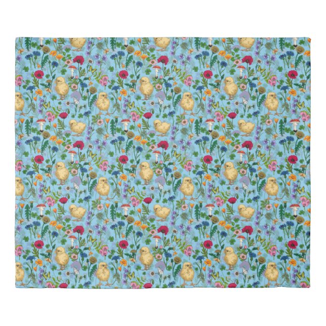 Chickens and wildflowers on baby blue duvet cover (Front)