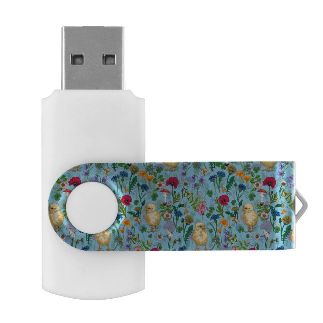 Chickens and wildflowers on baby blue flash drive (Opened)