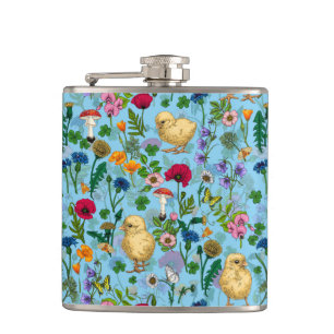 Chickens and wildflowers on baby blue flask
