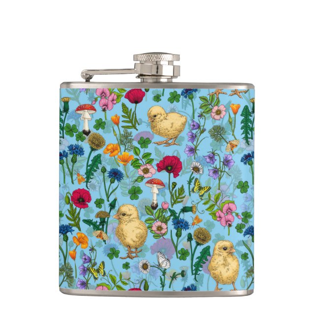 Chickens and wildflowers on baby blue flask (Front)