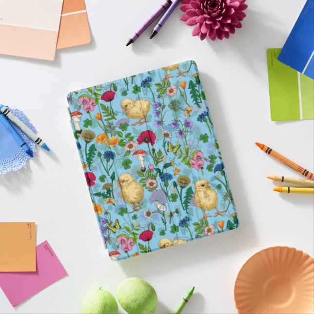 Chickens and wildflowers on baby blue iPad smart cover (In Situ)