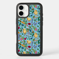 Chickens and wildflowers on baby blue