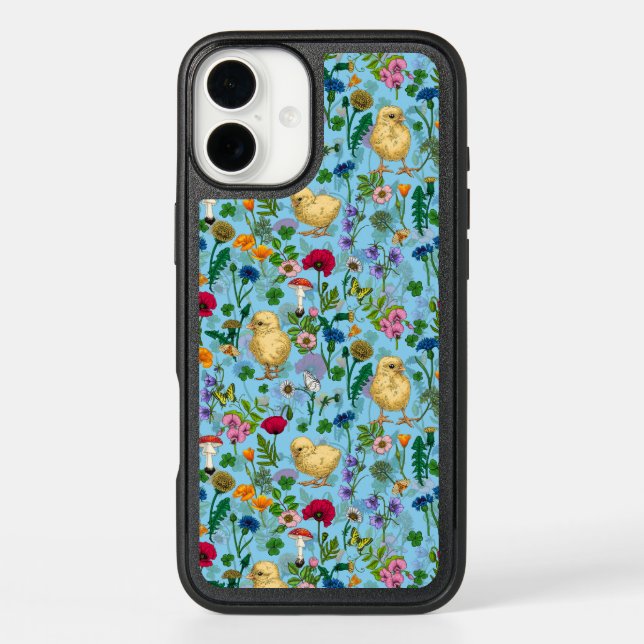 Chickens and wildflowers on baby blue otterbox iPhone case (Back)