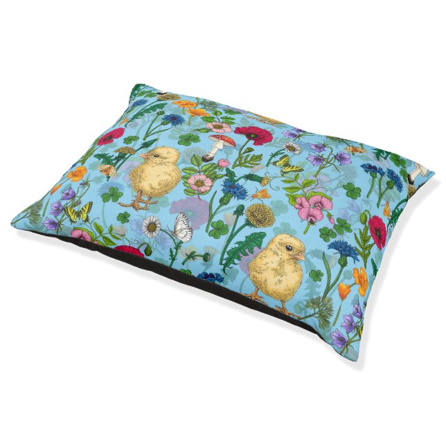 Chickens and wildflowers on baby blue pet bed (Angled)