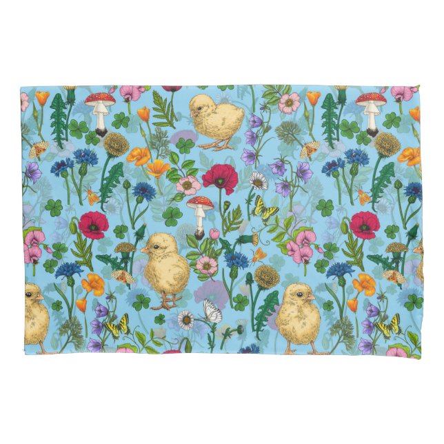 Chickens and wildflowers on baby blue pillow case (Front-Left)