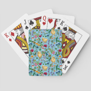 Chickens and wildflowers on baby blue poker cards