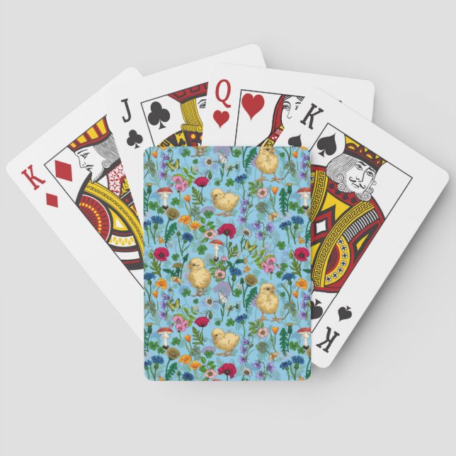 Chickens and wildflowers on baby blue poker cards (Back)