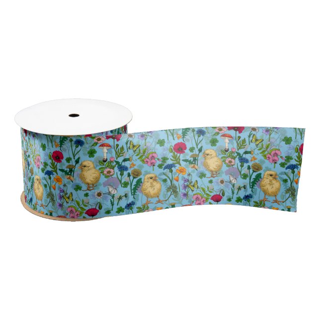 Chickens and wildflowers on baby blue satin ribbon (Spool)