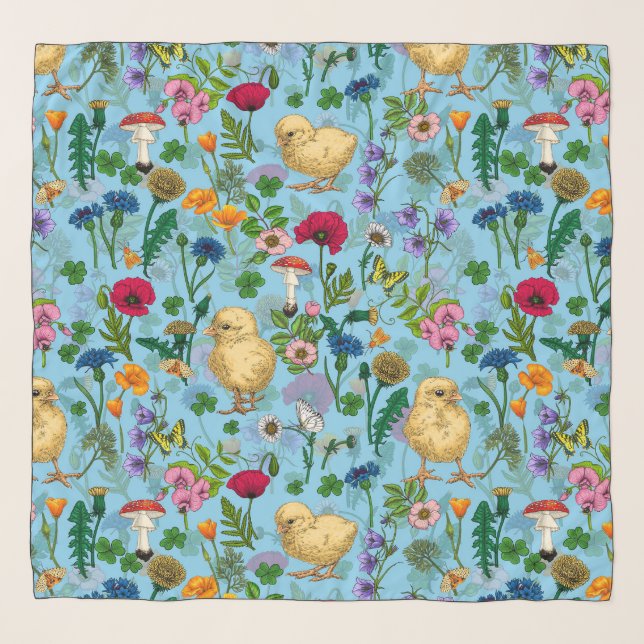 Chickens and wildflowers on baby blue scarf (Front)