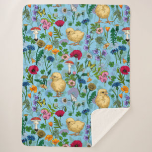 Chickens and wildflowers on baby blue sherpa blanket