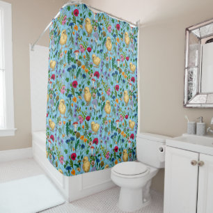 Chickens and wildflowers on baby blue shower curtain