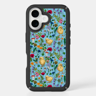 Chickens and wildflowers on baby blue iPhone 16 case