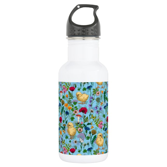 Chickens and wildflowers on baby blue stainless steel water bottle (Front)