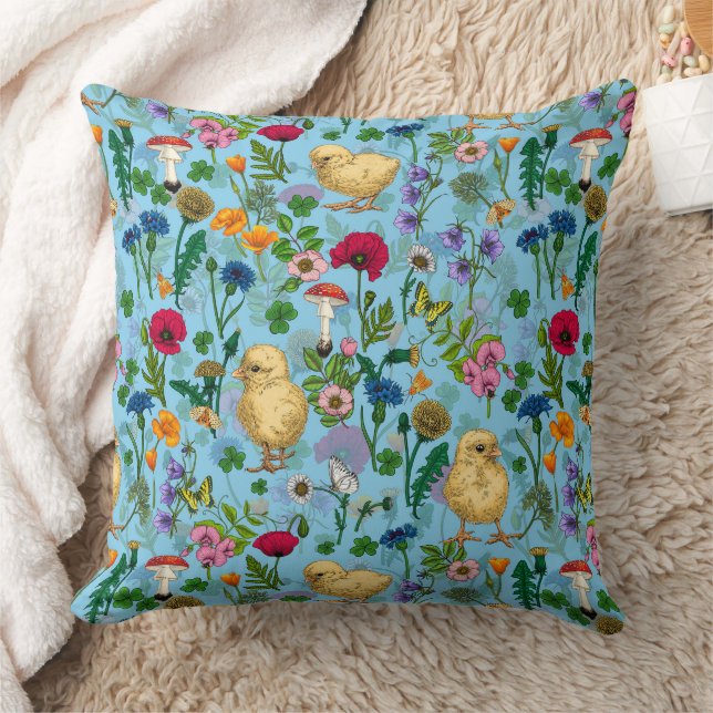 Chickens and wildflowers on baby blue throw pillow (Blanket)