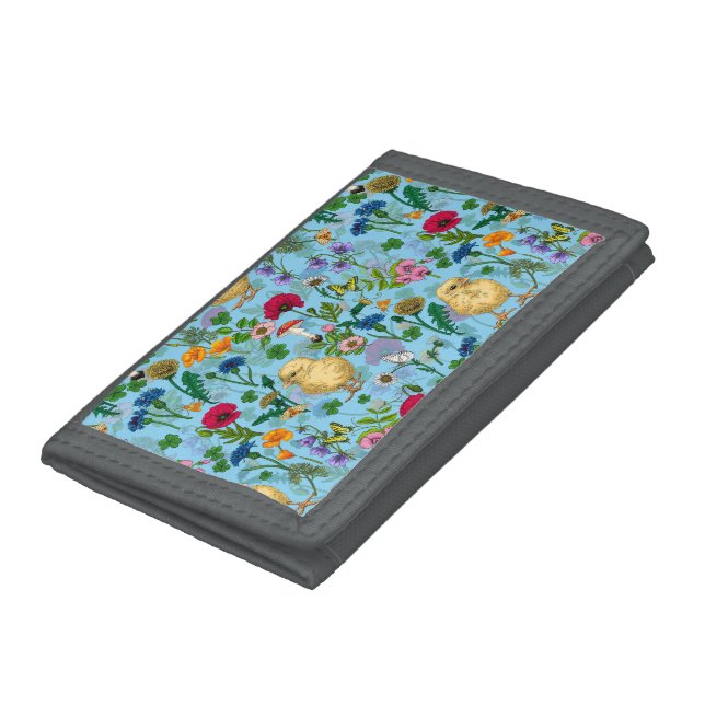 Chickens and wildflowers on baby blue trifold wallet (Bottom)