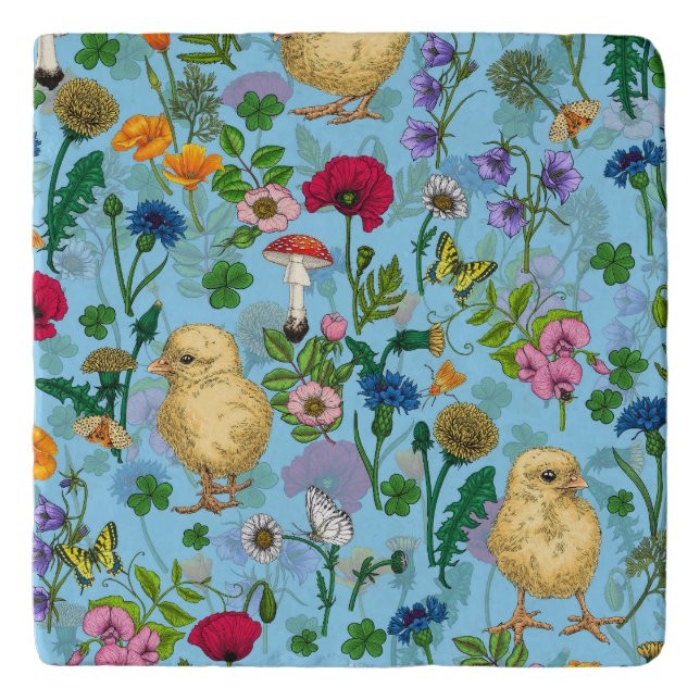 Chickens and wildflowers on baby blue trivet (Front)