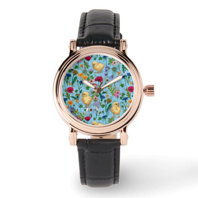 Chickens and wildflowers on baby blue watch (Front)