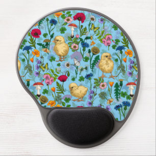 Chickens and wildflowers on baby blueHand-drawn ch Gel Mouse Pad