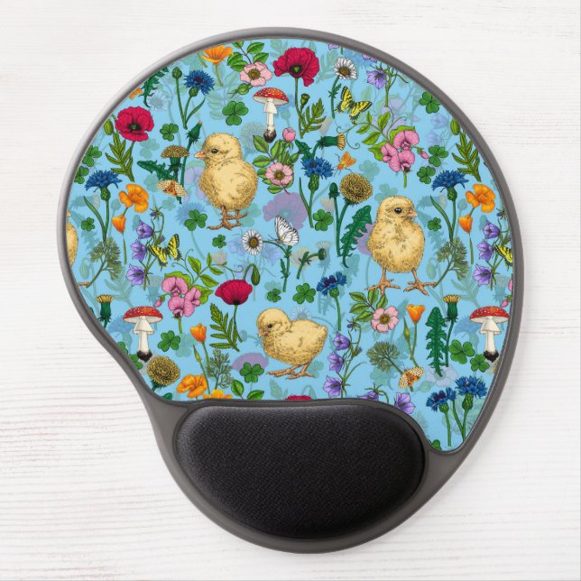 Chickens and wildflowers on baby blueHand-drawn ch Gel Mouse Pad (Front)